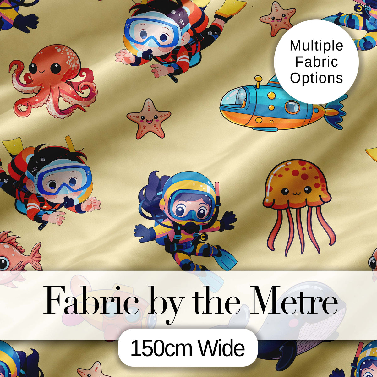 Underwater   with Scuba Divers    Starfish and Whale on Warm Yellow Background Digital Print Fabric by the Metre UK Sewing Quilting Textile