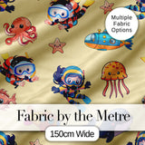 Underwater   with Scuba Divers    Starfish and Whale on Warm Yellow Background Digital Print Fabric by the Metre UK Sewing Quilting Textile