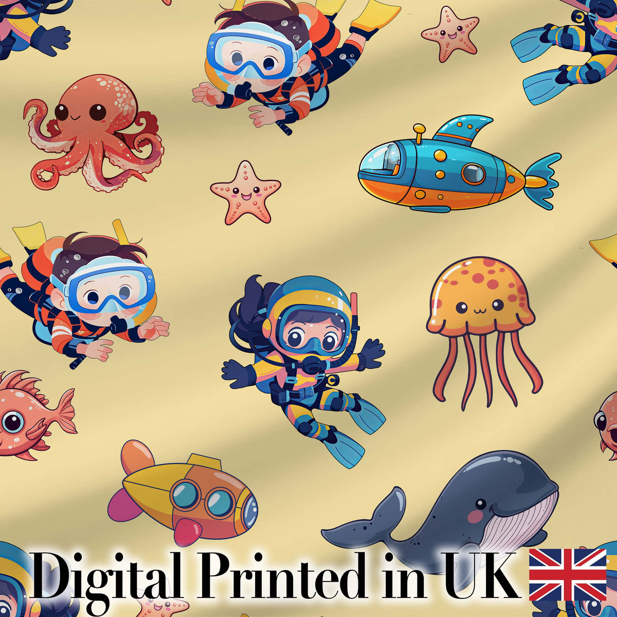 Underwater   with Scuba Divers    Starfish and Whale on Warm Yellow Background Digital Print Fabric by the Metre UK Sewing Quilting Textile