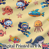 Underwater   with Scuba Divers    Starfish and Whale on Warm Yellow Background Digital Print Fabric by the Metre UK Sewing Quilting Textile