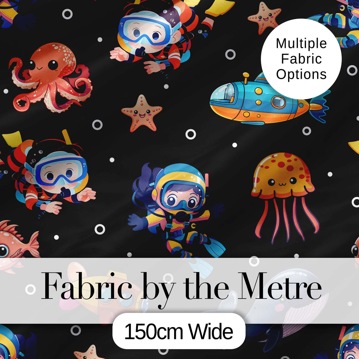 Underwater   with Scuba Divers    Starfish and Whale on Deep Black Background Digital Print Fabric by the Metre UK Sewing Quilting Textile