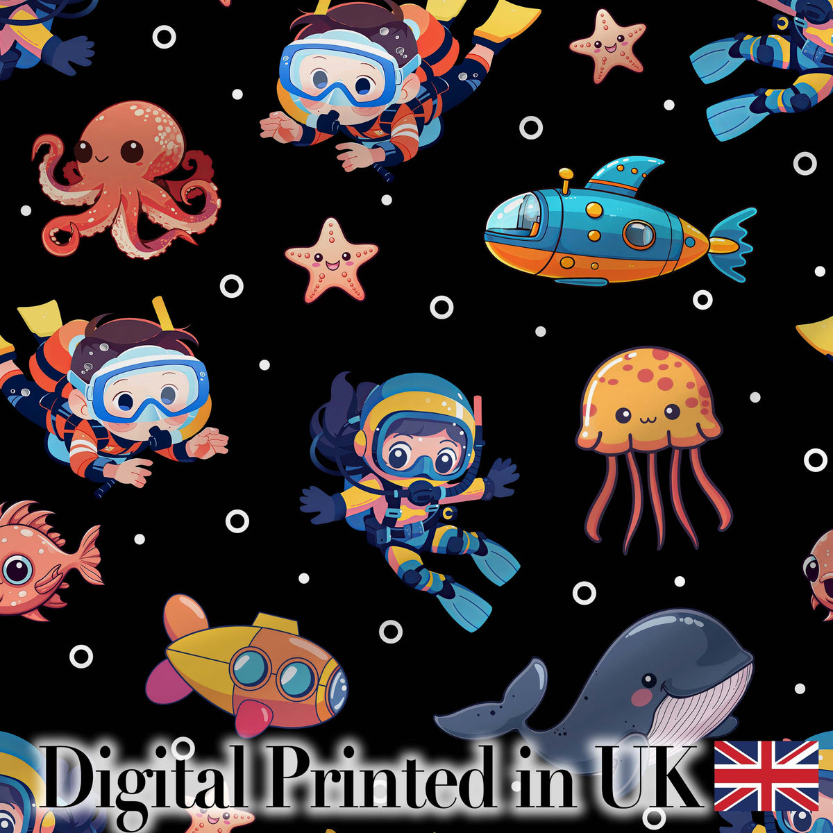 Underwater   with Scuba Divers    Starfish and Whale on Deep Black Background Digital Print Fabric by the Metre UK Sewing Quilting Textile