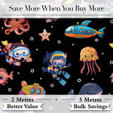 Underwater   with Scuba Divers    Starfish and Whale on Deep Black Background Digital Print Fabric by the Metre UK Sewing Quilting Textile