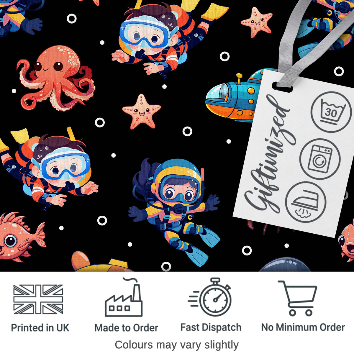 Underwater   with Scuba Divers    Starfish and Whale on Deep Black Background Digital Print Fabric by the Metre UK Sewing Quilting Textile