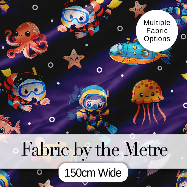 Underwater   with Scuba Divers    Starfish and Whale on Rich Purple Background Digital Print Fabric by the Metre UK Sewing Quilting Textile