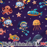 Underwater   with Scuba Divers    Starfish and Whale on Rich Purple Background Digital Print Fabric by the Metre UK Sewing Quilting Textile