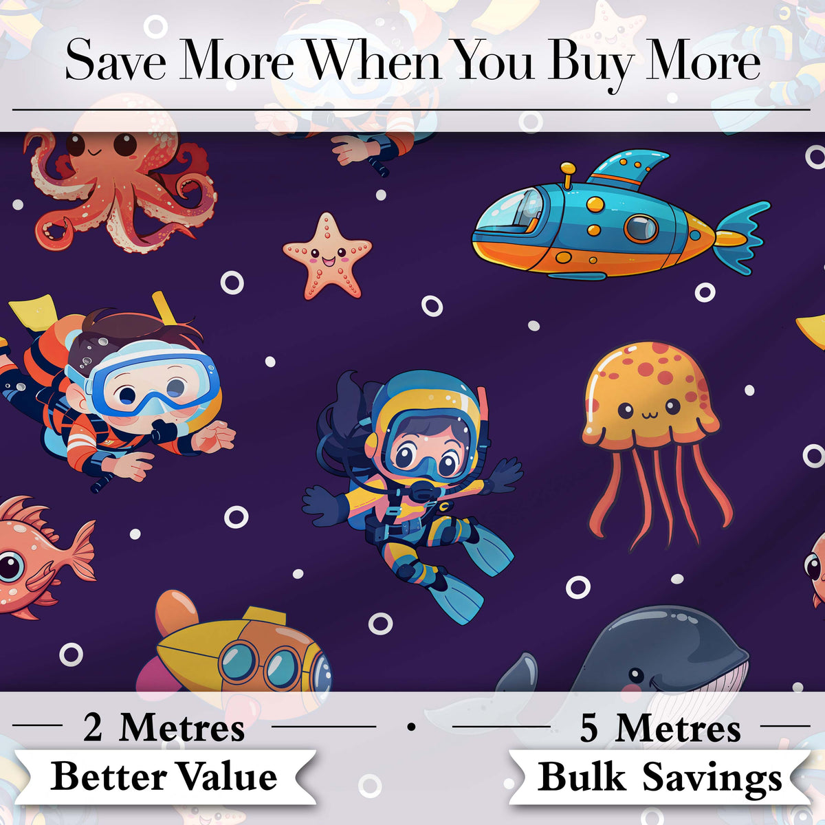 Underwater   with Scuba Divers    Starfish and Whale on Rich Purple Background Digital Print Fabric by the Metre UK Sewing Quilting Textile