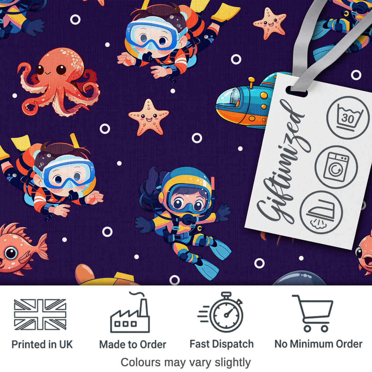 Underwater   with Scuba Divers    Starfish and Whale on Rich Purple Background Digital Print Fabric by the Metre UK Sewing Quilting Textile