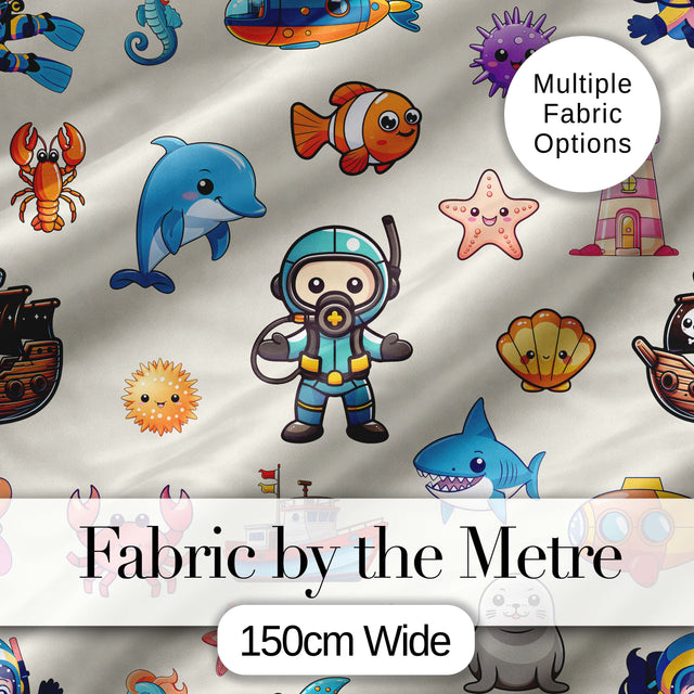 Cartoon Ocean  with various sea Creatures on Soft Beige Background Digital Print Fabric by the Metre UK Sewing Quilting Textile