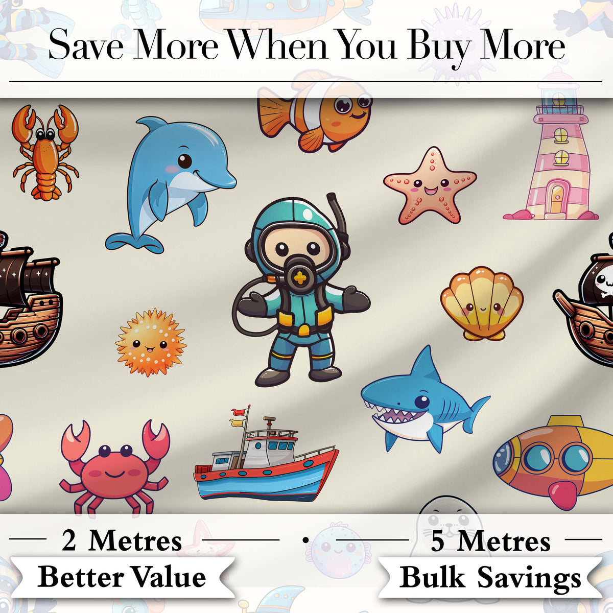 Cartoon Ocean  with various sea Creatures on Soft Beige Background Digital Print Fabric by the Metre UK Sewing Quilting Textile
