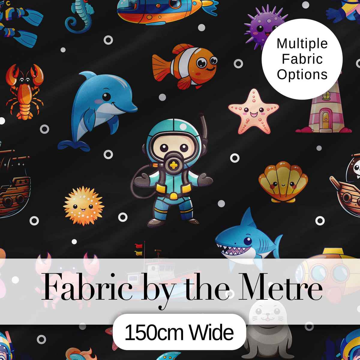 Cartoon Ocean  with Various  Sea Creatures on Black Bubble Background Digital Print Fabric by the Metre UK Sewing Quilting Textile