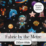 Cartoon Ocean  with Various  Sea Creatures on Black Bubble Background Digital Print Fabric by the Metre UK Sewing Quilting Textile
