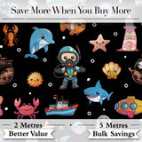 Cartoon Ocean  with Various  Sea Creatures on Black Bubble Background Digital Print Fabric by the Metre UK Sewing Quilting Textile
