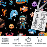 Cartoon Ocean  with Various  Sea Creatures on Black Bubble Background Digital Print Fabric by the Metre UK Sewing Quilting Textile