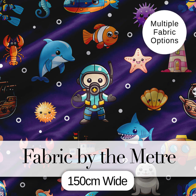 Cartoon Ocean  with Various  Sea Creatures on Rich Purple Background Digital Print Fabric by the Metre UK Sewing Quilting Textile
