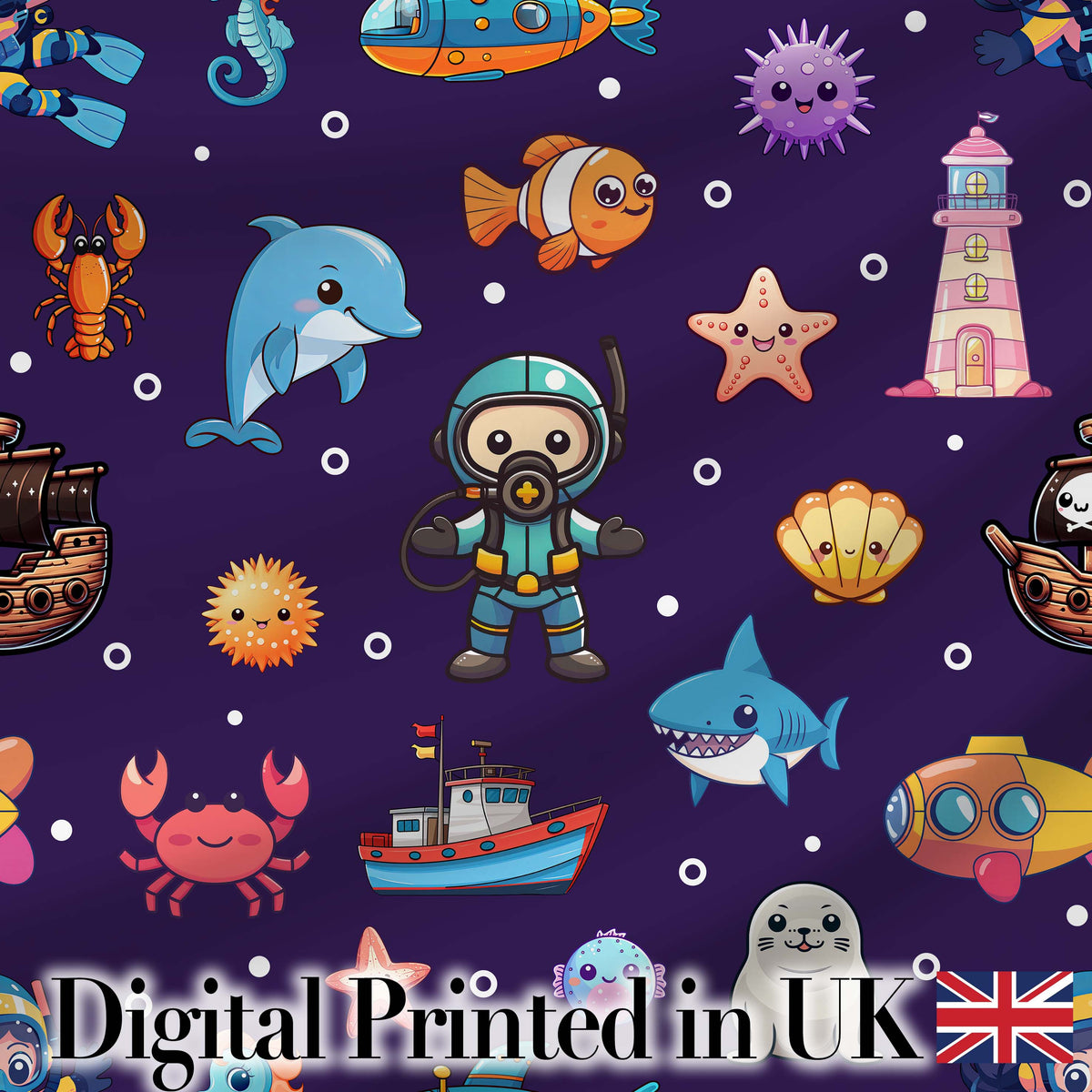 Cartoon Ocean  with Various  Sea Creatures on Rich Purple Background Digital Print Fabric by the Metre UK Sewing Quilting Textile
