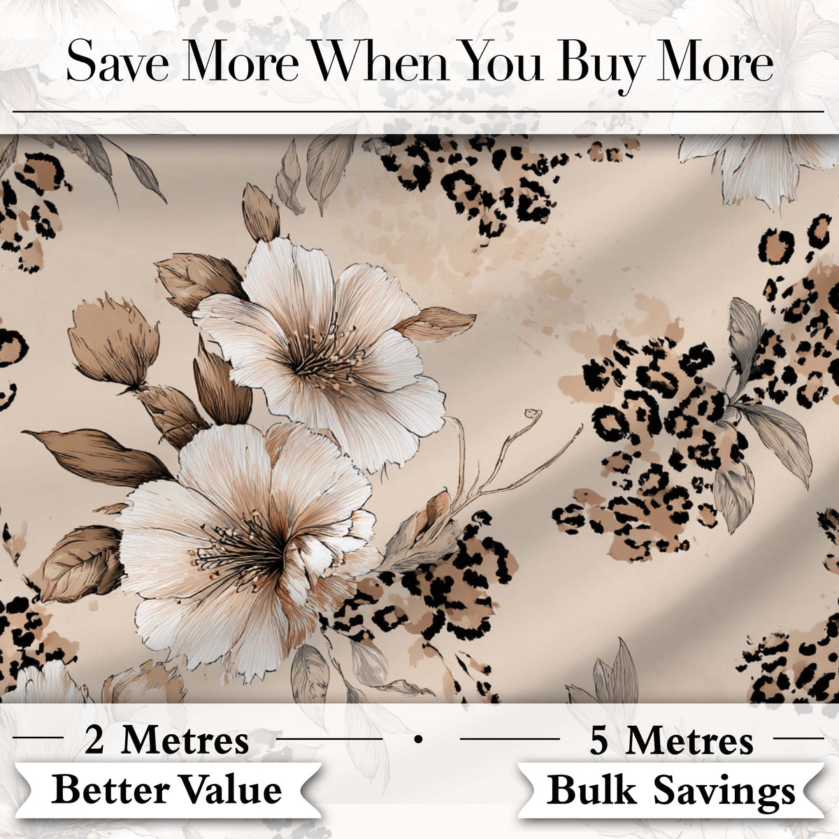 Elegant Beige Floral with Vintage Flowers and Leopard Print Aesthetic Design Digital Print Fabric by the Metre UK Sewing Quilting Textile