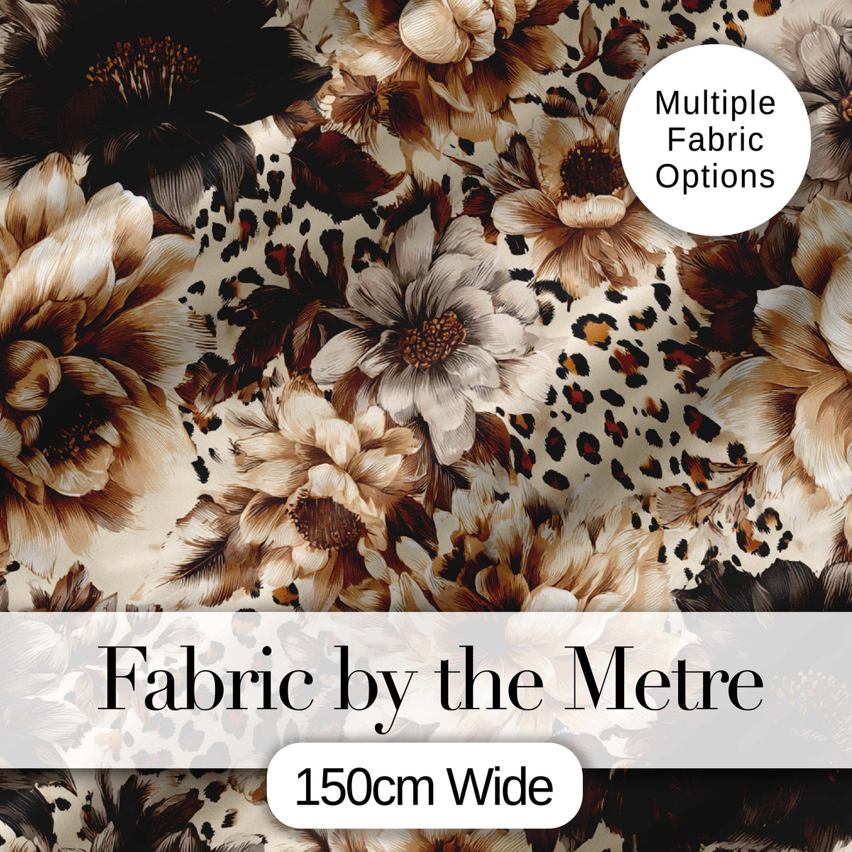 Neutral Floral  with Large Vintage Flowers,Leopard Print in Beige Brown Tones Digital Print Fabric by the Metre UK Sewing Quilting Textile
