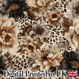 Neutral Floral  with Large Vintage Flowers,Leopard Print in Beige Brown Tones Digital Print Fabric by the Metre UK Sewing Quilting Textile