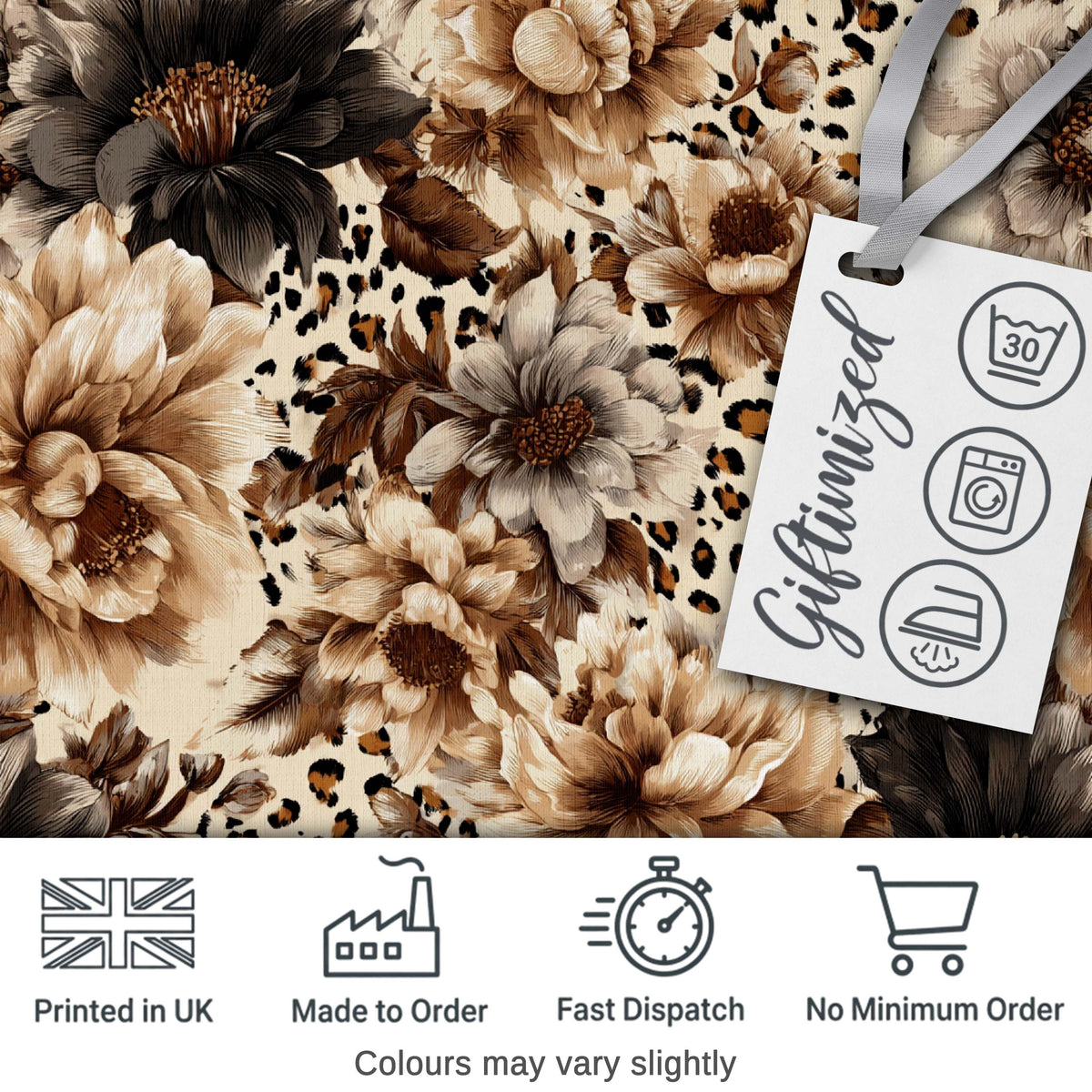 Neutral Floral  with Large Vintage Flowers,Leopard Print in Beige Brown Tones Digital Print Fabric by the Metre UK Sewing Quilting Textile