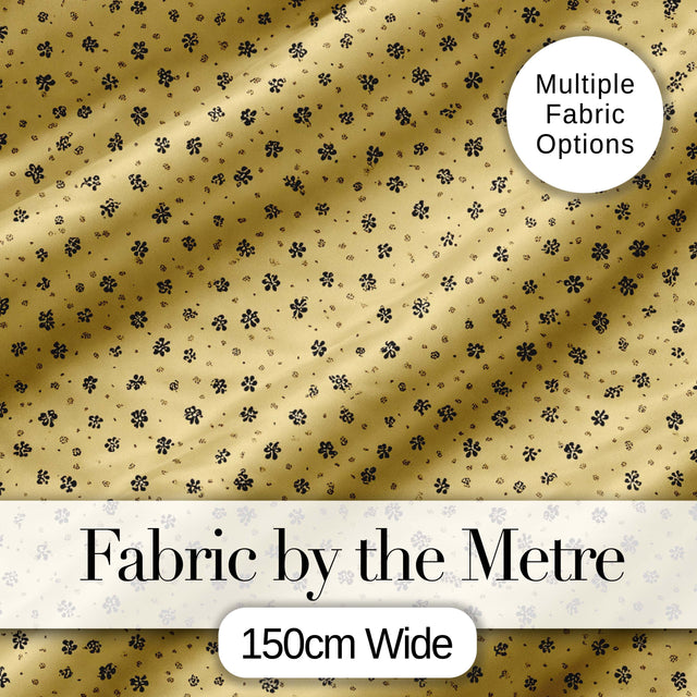 Minimal Beige Floral Ditsy  with Small Black Flowers on Warm Neutral Background Digital Print Fabric by the Metre UK Sewing Quilting Textile
