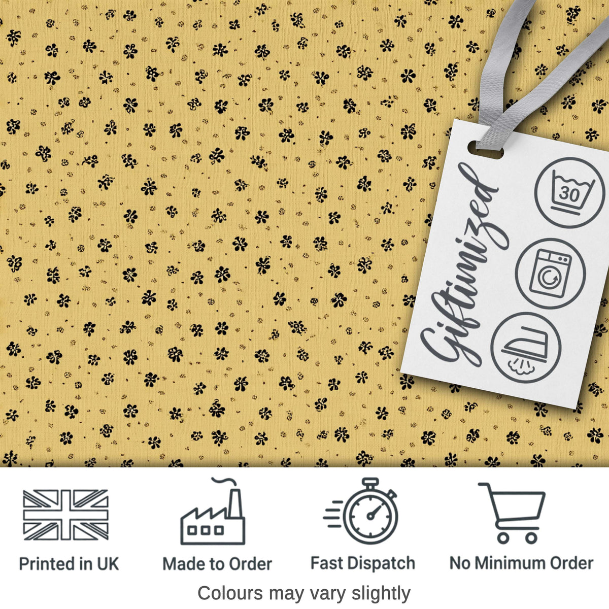Minimal Beige Floral Ditsy  with Small Black Flowers on Warm Neutral Background Digital Print Fabric by the Metre UK Sewing Quilting Textile