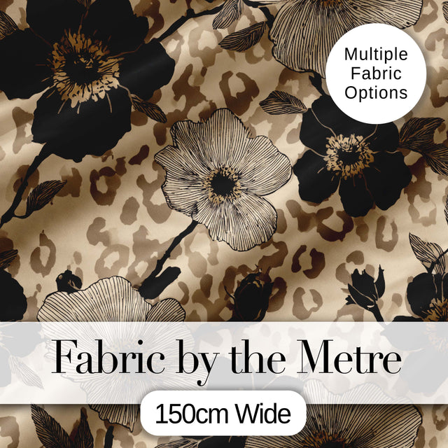 Monochrome Floral  with Large Flowers and Subtle Leopard Print Background Digital Print Fabric by the Metre UK Sewing Quilting Textile