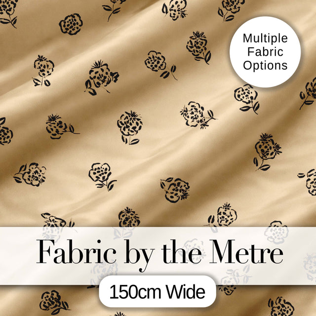 Simple Beige Floral Repeat Small Black Flowers Minimal Aesthetic Design Digital Print Fabric by the Metre UK Sewing Quilting Textile