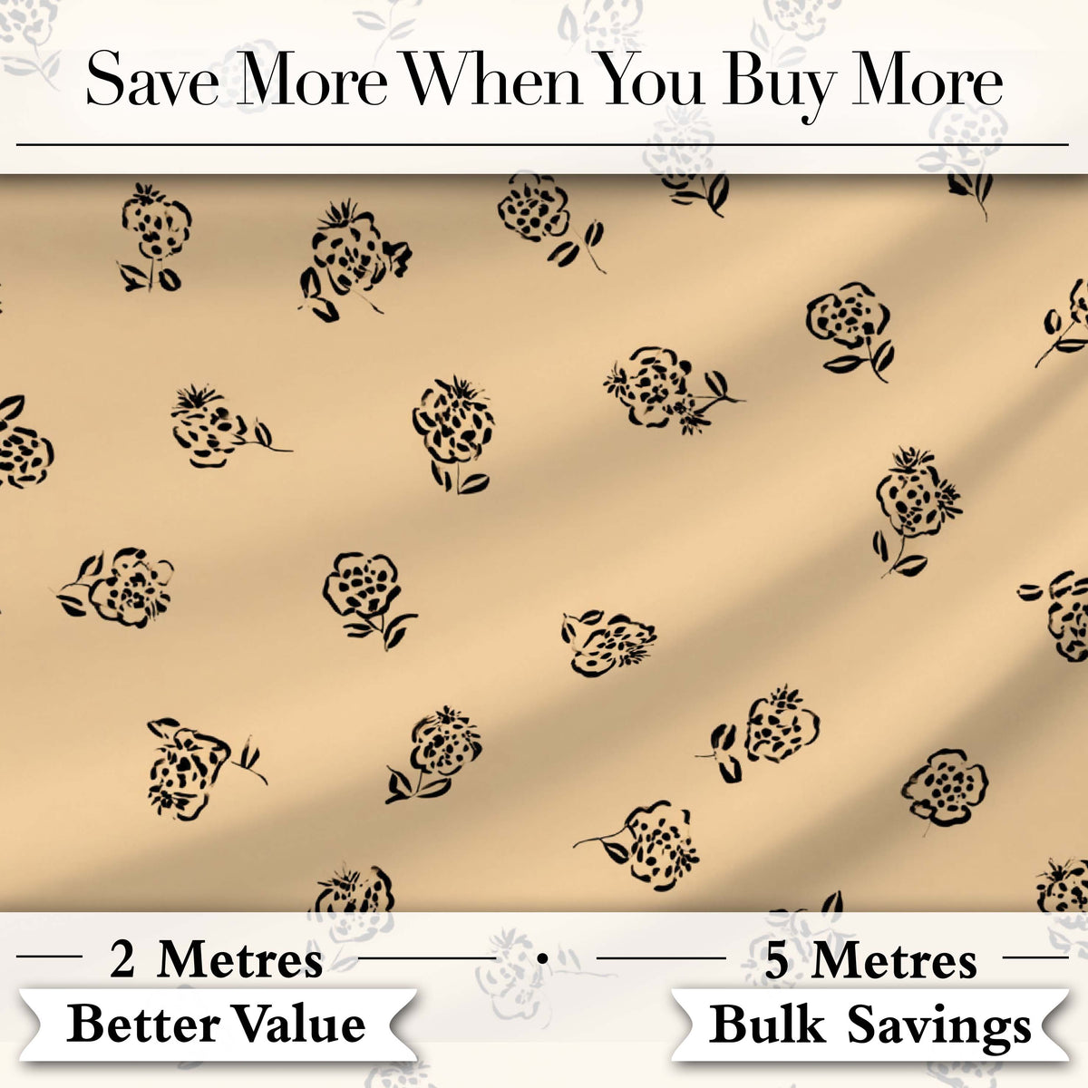 Simple Beige Floral Repeat Small Black Flowers Minimal Aesthetic Design Digital Print Fabric by the Metre UK Sewing Quilting Textile