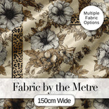 Vintage Neutral Floral Detailed Flowers and Leopard Print Panel Border Design Digital Print Fabric by the Metre UK Sewing Quilting Textile
