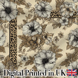 Vintage Neutral Floral Detailed Flowers and Leopard Print Panel Border Design Digital Print Fabric by the Metre UK Sewing Quilting Textile