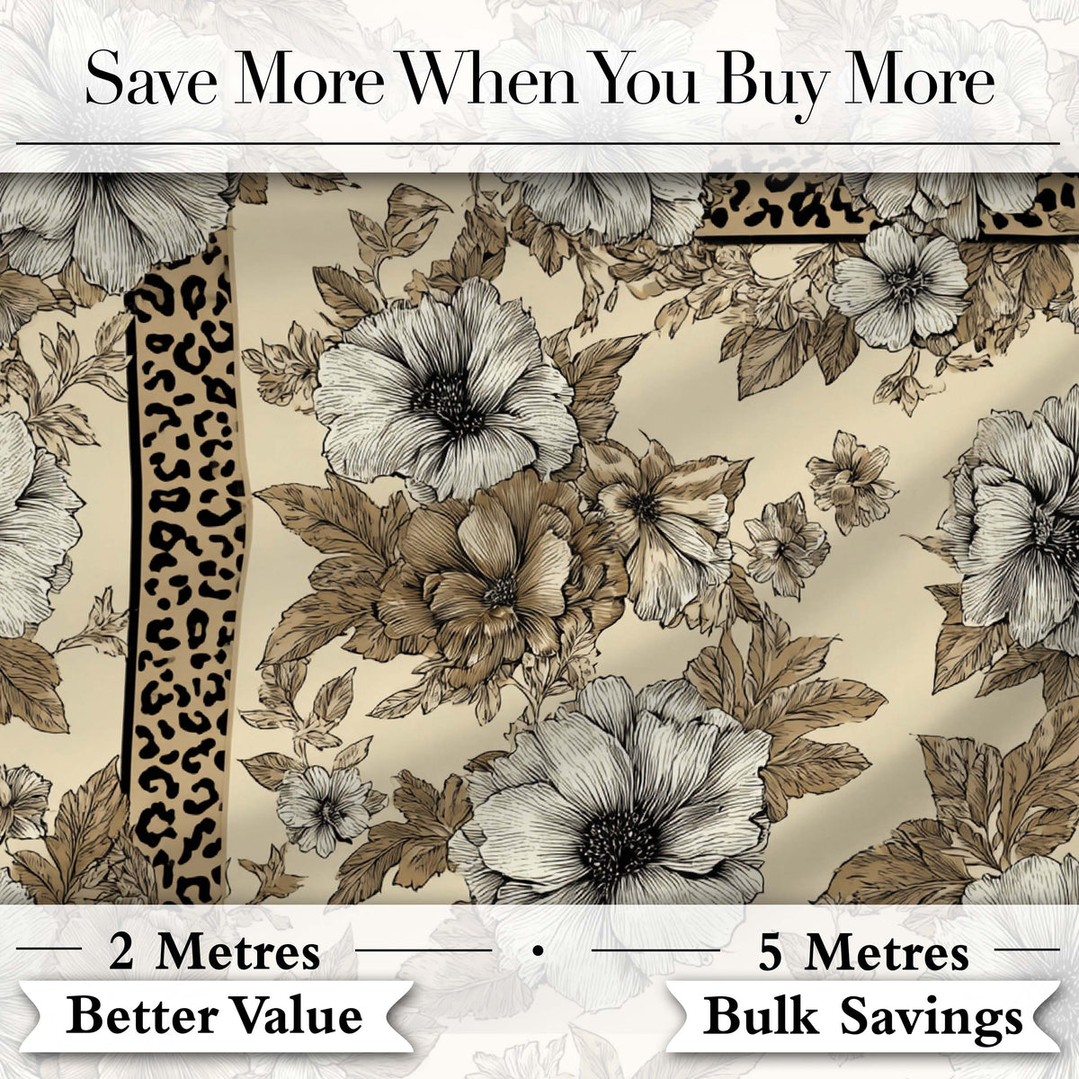 Vintage Neutral Floral Detailed Flowers and Leopard Print Panel Border Design Digital Print Fabric by the Metre UK Sewing Quilting Textile