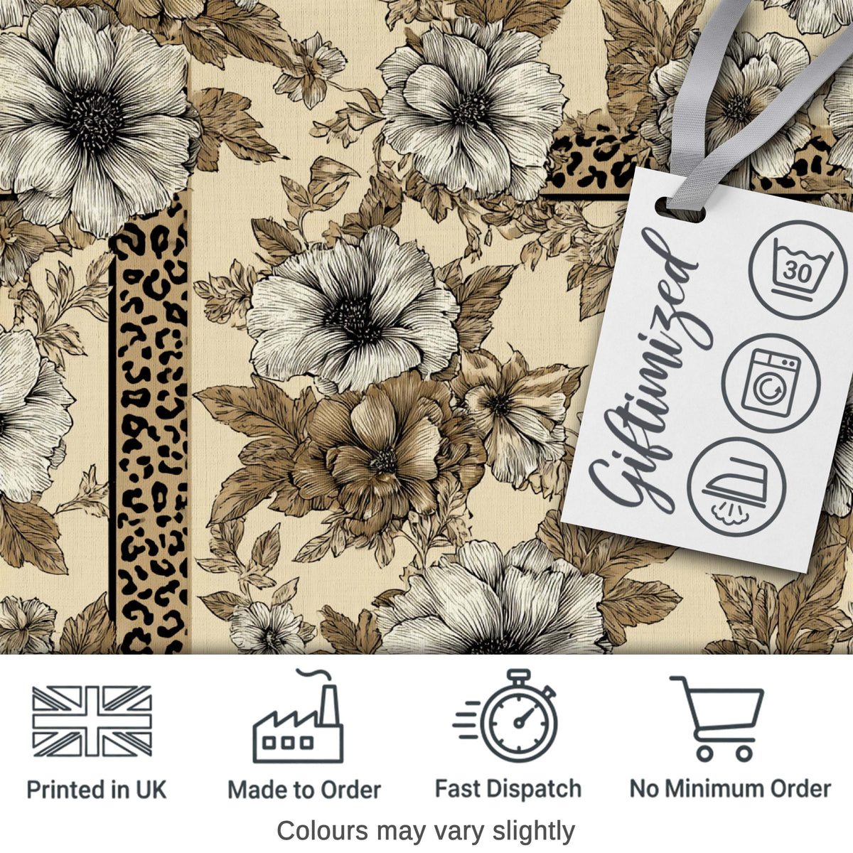 Vintage Neutral Floral Detailed Flowers and Leopard Print Panel Border Design Digital Print Fabric by the Metre UK Sewing Quilting Textile