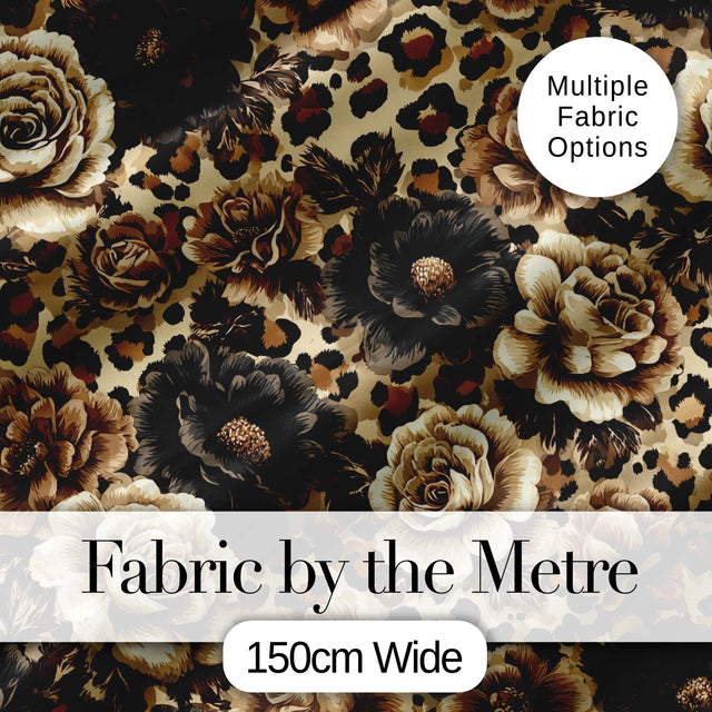 Vintage Floral and Leopard Print  in Neutral Beige and Black Tones Digital Print Fabric by the Metre UK Sewing Quilting Textile