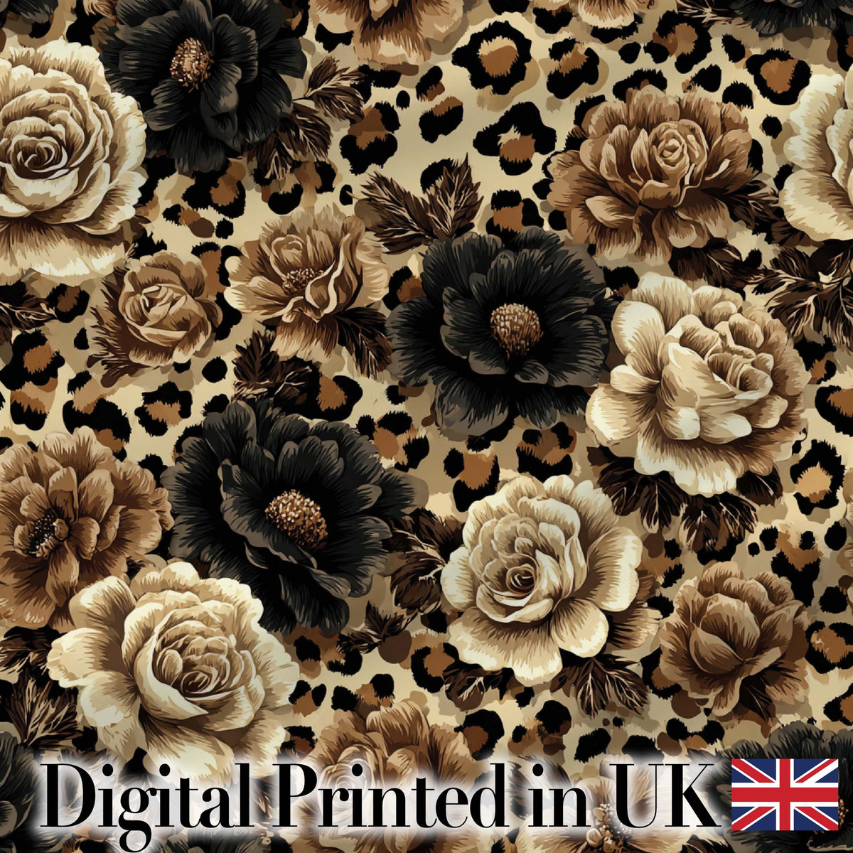 Vintage Floral and Leopard Print  in Neutral Beige and Black Tones Digital Print Fabric by the Metre UK Sewing Quilting Textile