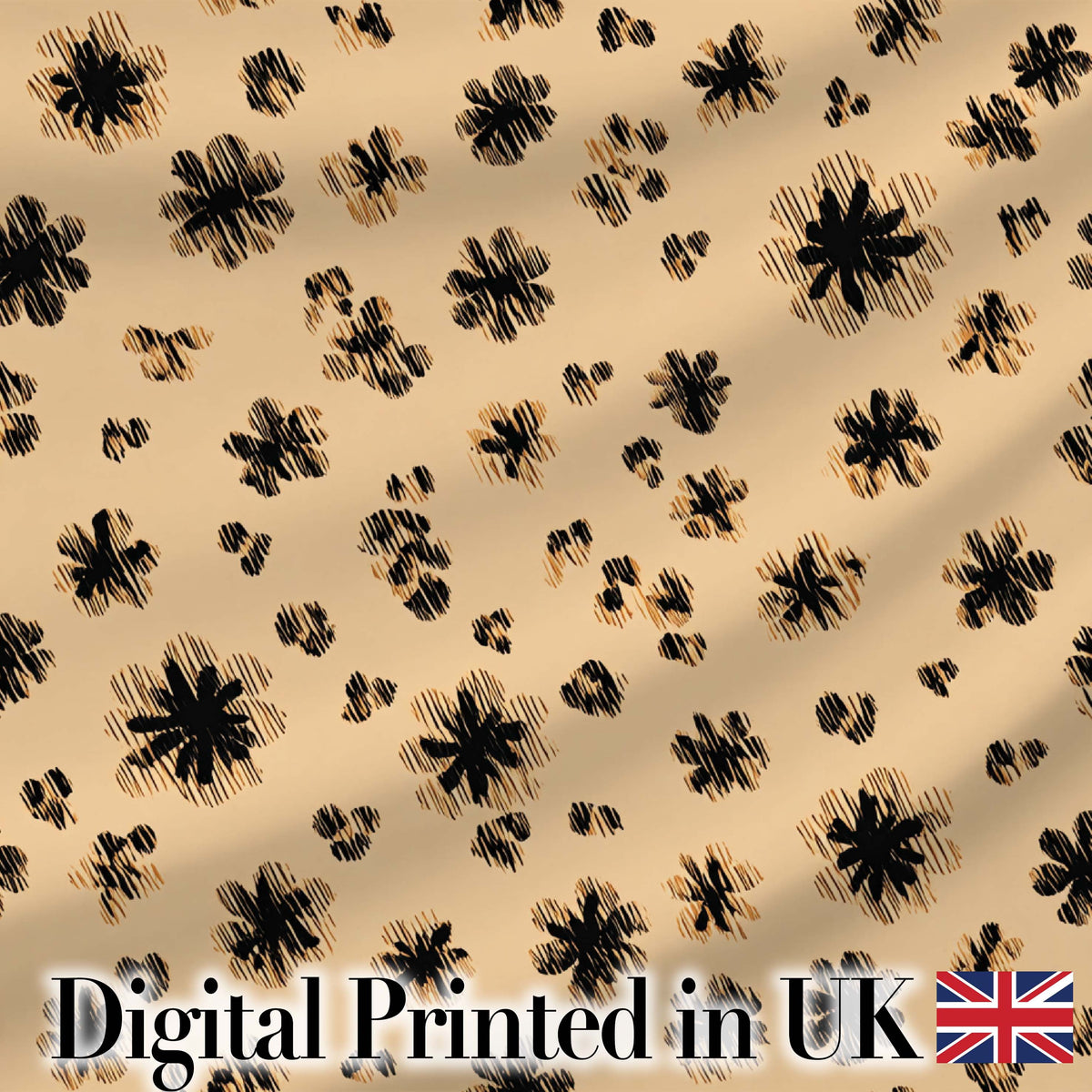 Abstract Leopard Spot and Floral Ditsy with Black Motifs Warm Beige Background Digital Print Fabric by the Metre UK Sewing Quilting Textile