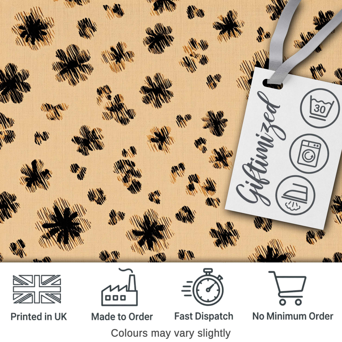 Abstract Leopard Spot and Floral Ditsy with Black Motifs Warm Beige Background Digital Print Fabric by the Metre UK Sewing Quilting Textile
