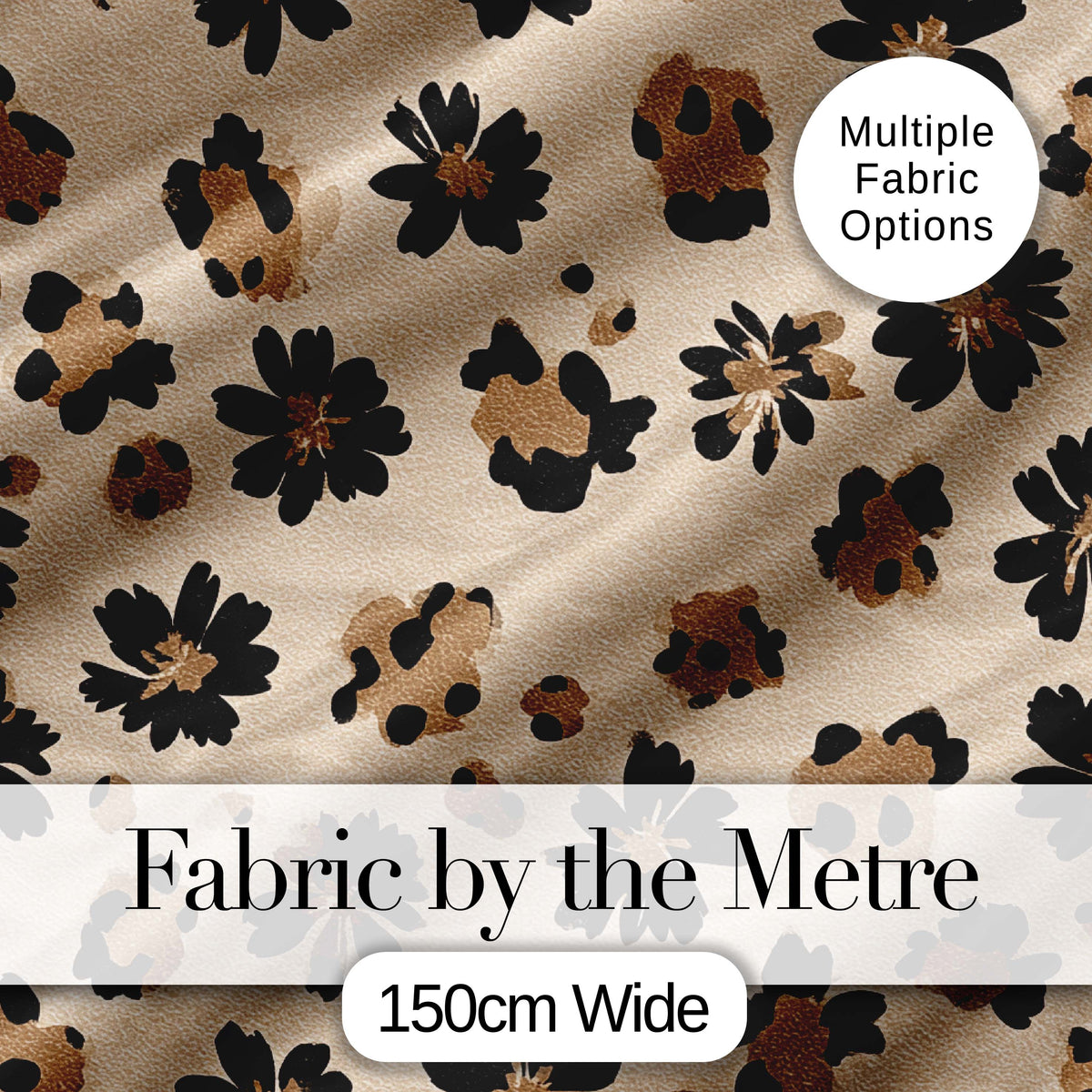 Modern Minimal Floral and Leopard Mix Black FlowersTextured Beige Background Digital Print Fabric by the Metre UK Sewing Quilting Textile