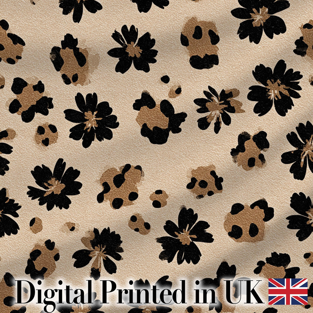Modern Minimal Floral and Leopard Mix Black FlowersTextured Beige Background Digital Print Fabric by the Metre UK Sewing Quilting Textile
