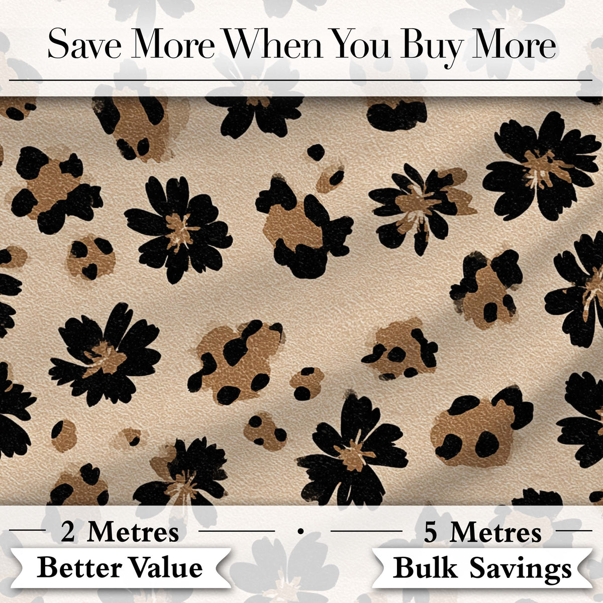 Modern Minimal Floral and Leopard Mix Black FlowersTextured Beige Background Digital Print Fabric by the Metre UK Sewing Quilting Textile