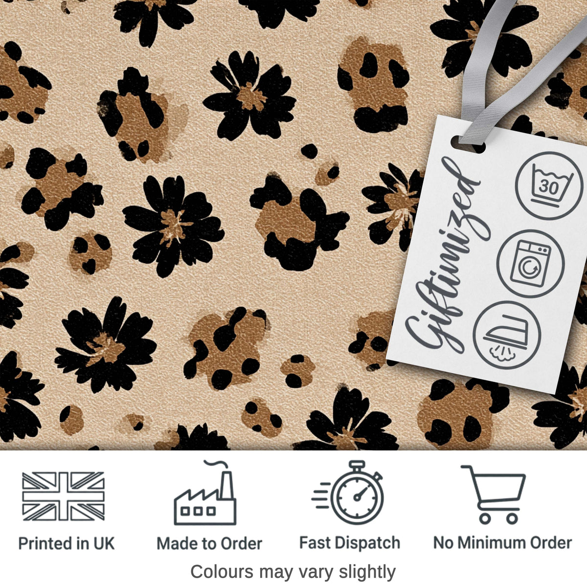 Modern Minimal Floral and Leopard Mix Black FlowersTextured Beige Background Digital Print Fabric by the Metre UK Sewing Quilting Textile