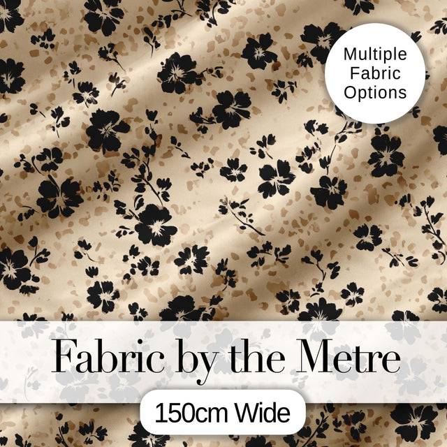 Ditsy Black Floral  on Soft Beige Background with Subtle Animal Print Texture Digital Print Fabric by the Metre UK Sewing Quilting Textile