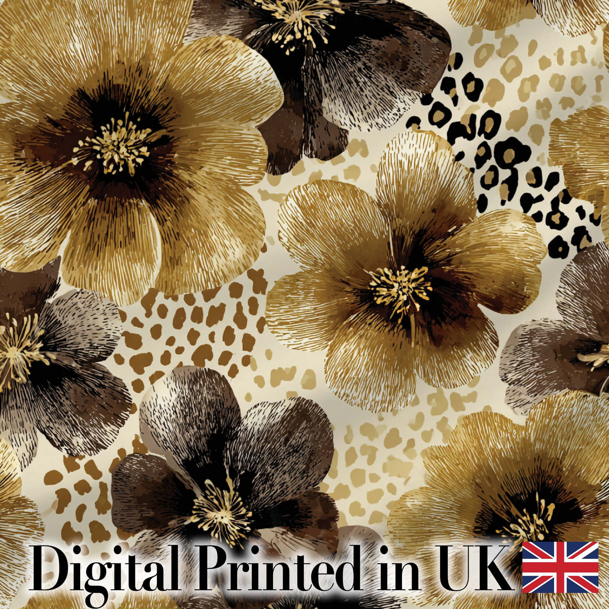 Warm Gold and Brown Floral  with Abstract Leopard Spots  Textile Design Digital Print Fabric by the Metre UK Sewing Quilting Textile