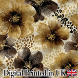 Warm Gold and Brown Floral  with Abstract Leopard Spots  Textile Design Digital Print Fabric by the Metre UK Sewing Quilting Textile