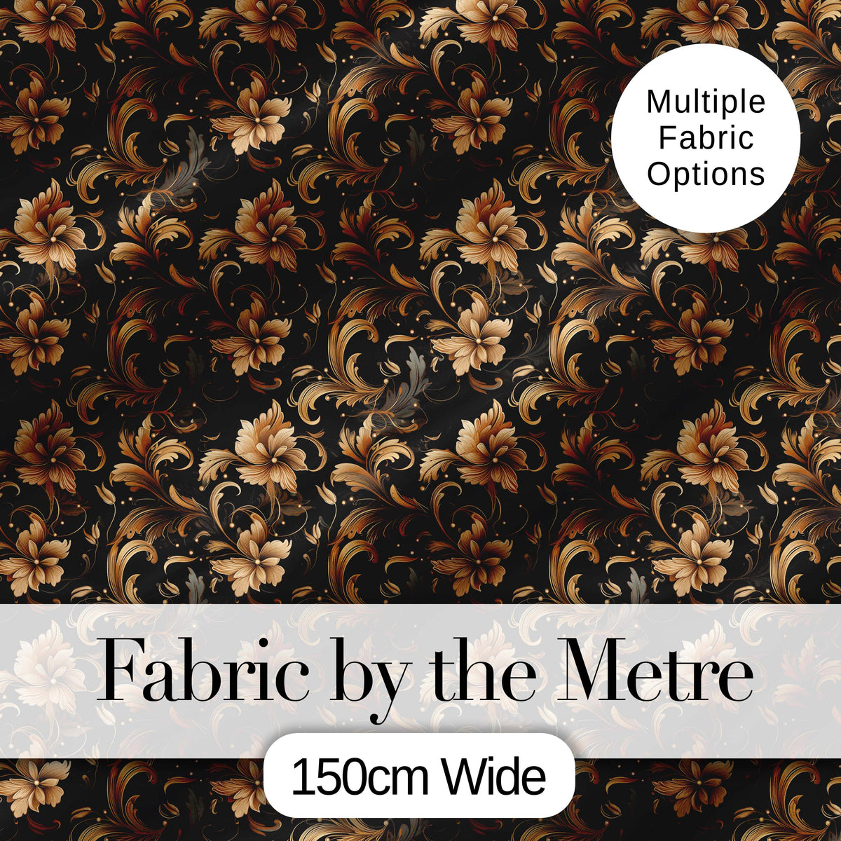 Elegant Gold Floral Vine  on Black Background with Intricate Botanical Swirls Digital Print Fabric by the Metre UK Sewing Quilting Textile