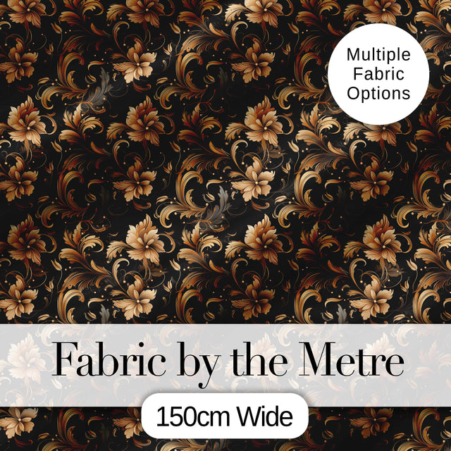 Elegant Gold Floral Vine  on Black Background with Intricate Botanical Swirls Digital Print Fabric by the Metre UK Sewing Quilting Textile
