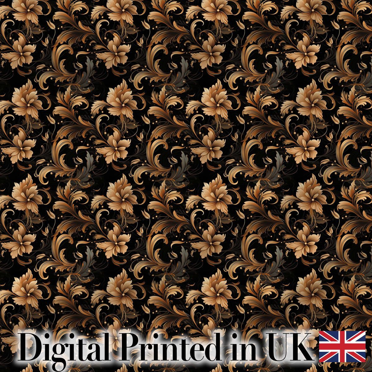 Elegant Gold Floral Vine  on Black Background with Intricate Botanical Swirls Digital Print Fabric by the Metre UK Sewing Quilting Textile