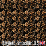 Elegant Gold Floral Vine  on Black Background with Intricate Botanical Swirls Digital Print Fabric by the Metre UK Sewing Quilting Textile