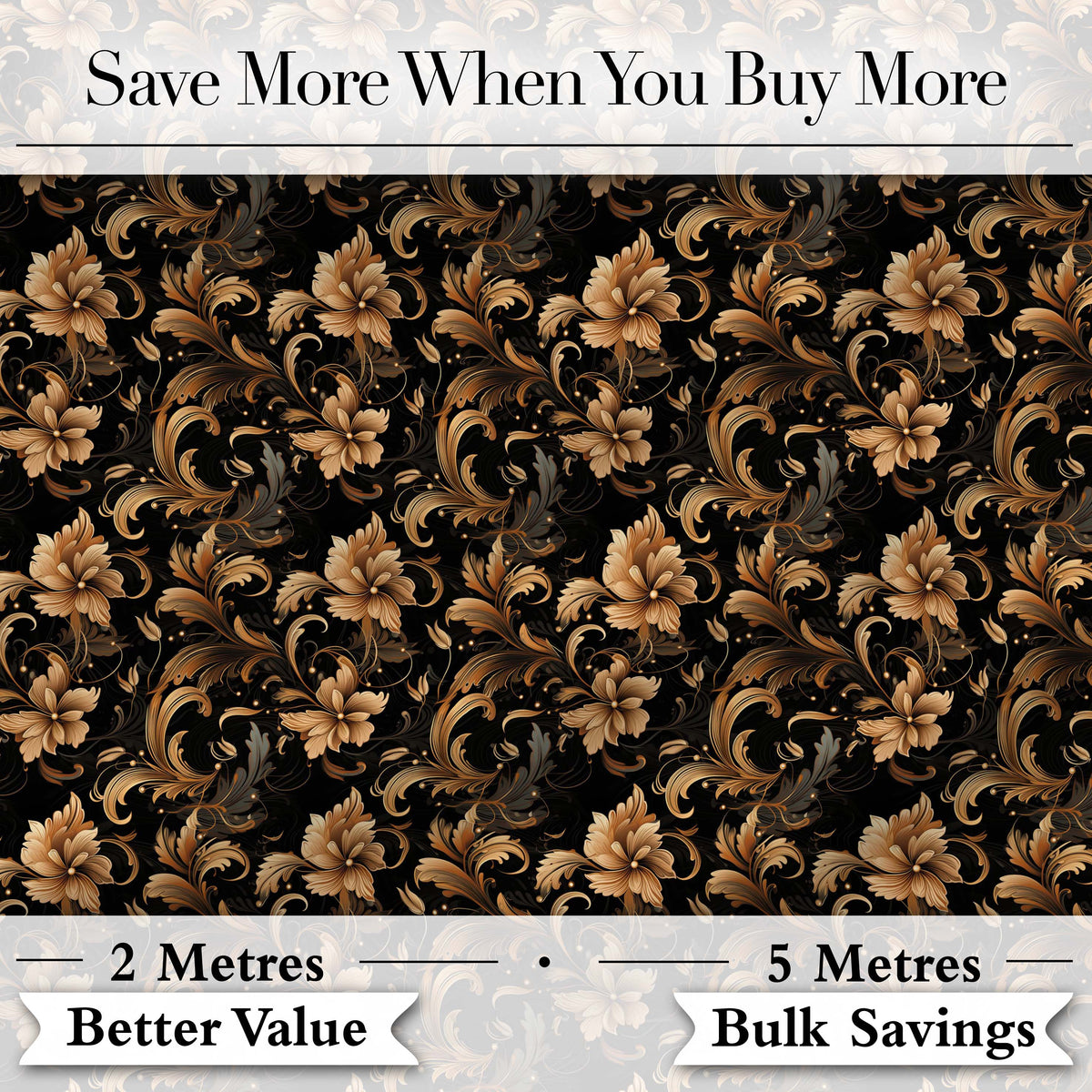 Elegant Gold Floral Vine  on Black Background with Intricate Botanical Swirls Digital Print Fabric by the Metre UK Sewing Quilting Textile