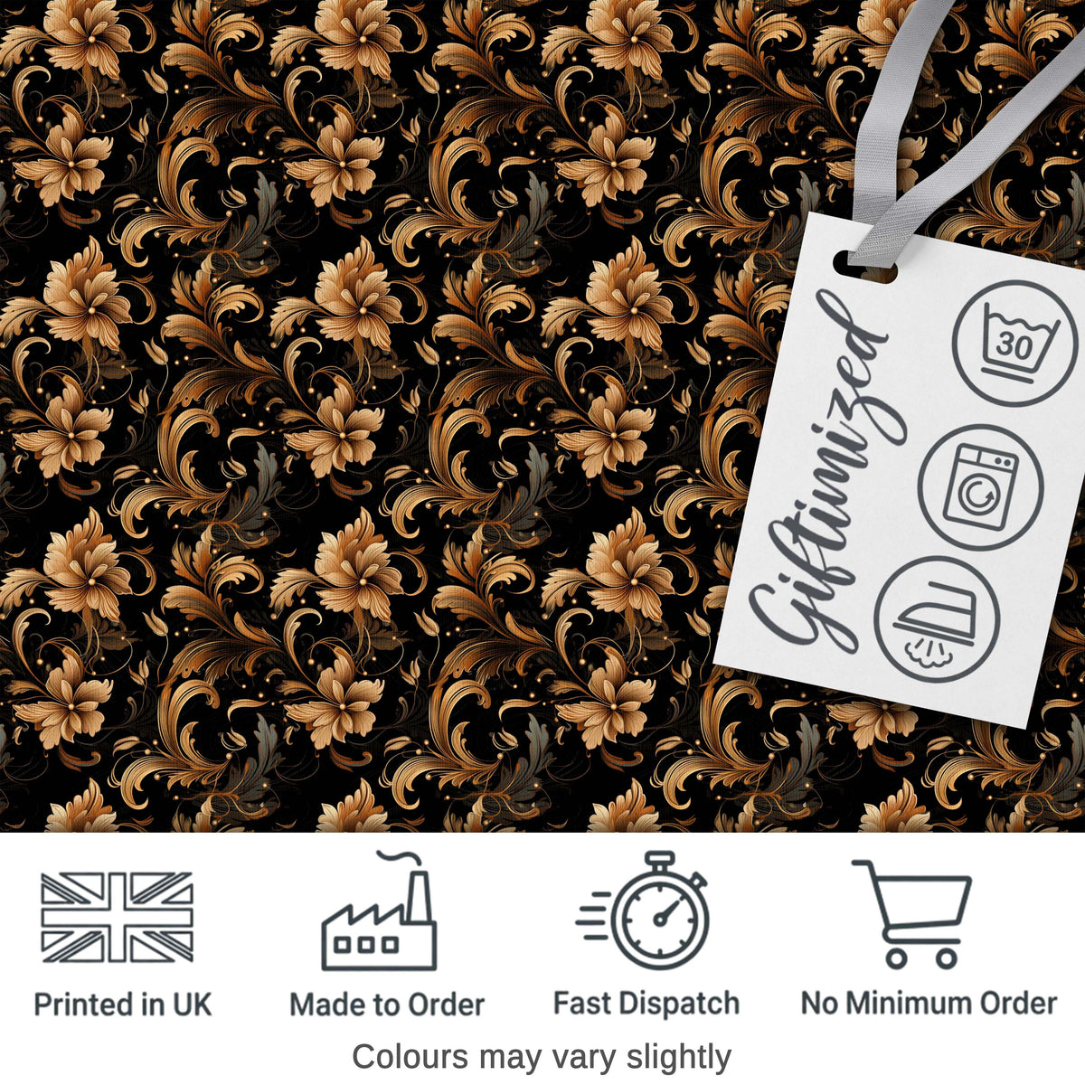 Elegant Gold Floral Vine  on Black Background with Intricate Botanical Swirls Digital Print Fabric by the Metre UK Sewing Quilting Textile